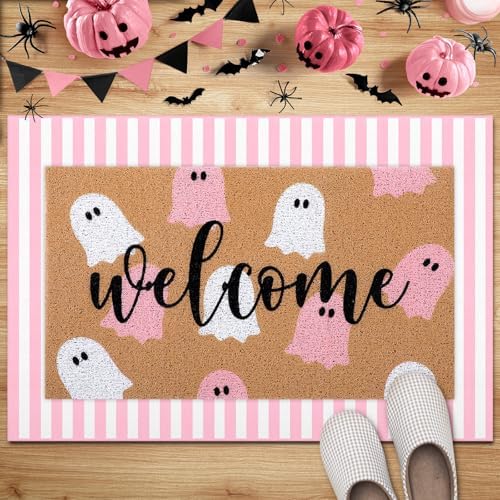 Tinideya 2 Pcs Halloween Ghost Layered Doormat Set, Pink White