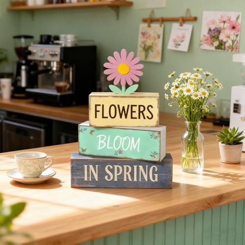 Spring Decoration Wooden Tiered Tray Decor – Daisy Flower Spring Stacked Block Sign – Farmhouse Tabletop Floral Spring Decor for Shelf Mantel Seasonal Home Display