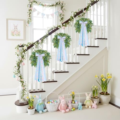 Wreath Sash Ribbon Bow Blue Bows Bunny Egg Wreath Bow Clip-On Wreath Sash for Front Door Spring Holiday Wreath Wall Indoor Outdoor Party Holiday Decorations