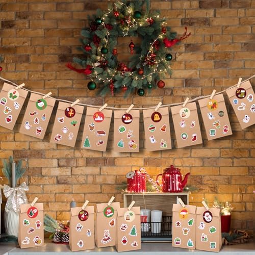 Naler 24 Pcs Christmas Gift Bags, Paper Goodie Bags with Stickers & Clips
