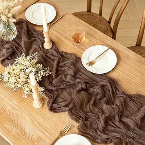 6Pcs Nude Cheesecloth Table Runner, 10FT Rustic Nude Gauze Table Runner 35*120inch Boho Runner for Wedding Bridal Shower Baby Shower Table Centerpiece Decorations