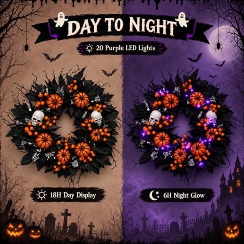 20" Halloween Wreath for Front Door, Black Gothic Spooky Outdoor Décor