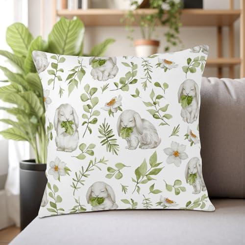 Easter Outdoor Pillow Covers 22x22 Set of 2 Sage Green Bunny Floral Leaf Throw Pillow Covers Spring Rabbit Flower Farmhouse Pillowcase for Home Couch Sofa Decor
