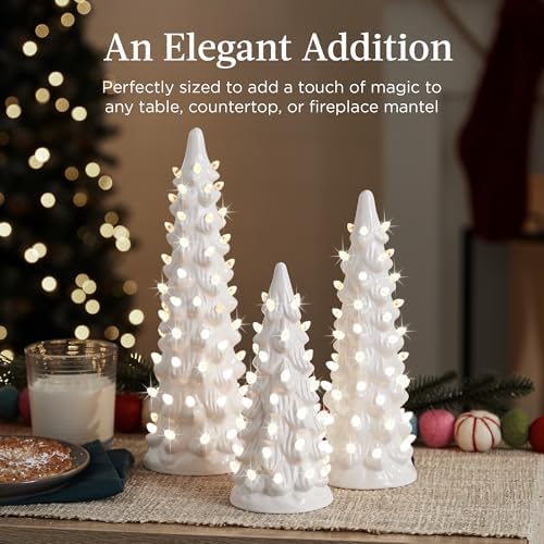 Best Choice Products Set of 3 XL Ceramic Christmas Trees, Pre-Lit Hand-Painted Tabletop Holiday Décor w/Warm White Bulbs, LED Lights – White