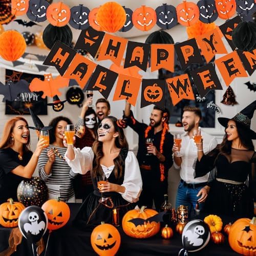 Halloween Party Decorations Happy Halloween Banner Black Orange Pumpkin Bats Decorations for Home Classroom Office Decorations ﻿