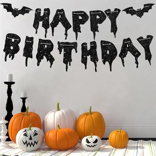 Glitter Black Glitter Happy Birthday Halloween Banner- NO DIY - Halloween Hanging Paper Garland Bunting Banner Decorations, Party Supplies for Kids Boy Girl Birthday