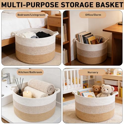 90L Large Blanket Basket,Rope Woven Laundry Basket-Yellow