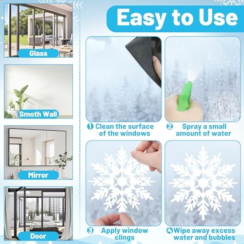 116PCS Christmas Decorations, 9 Sheets Christmas Window Clings, Snowflake Window Clings Decals, Double Sided Xmas Snowflake Decal Stickers for Winter Holiday Home Indoor Decorations Decor Supplies