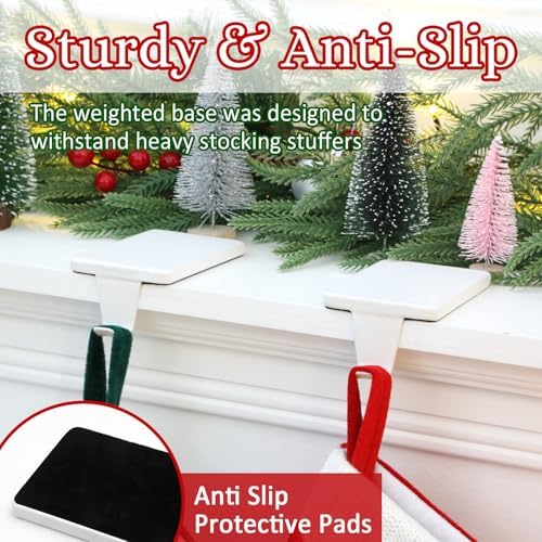 HMASYO Christmas Stocking Holders for Mantle Set of 2, White Heavy Duty Iron Stocking Hangers Base, Low Profile Weighted Stocking Holder Hooks for Fireplace Tabletop Shelf Christmas Decoration