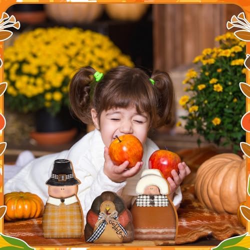 Colingmill 3 Pcs Thanksgiving Table Decor Wooden Turkey Pilgrim Couple