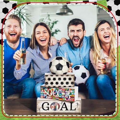 Moucuny 4 Pcs Soccer Centerpieces Table Wooden Block Signs Ball Topper