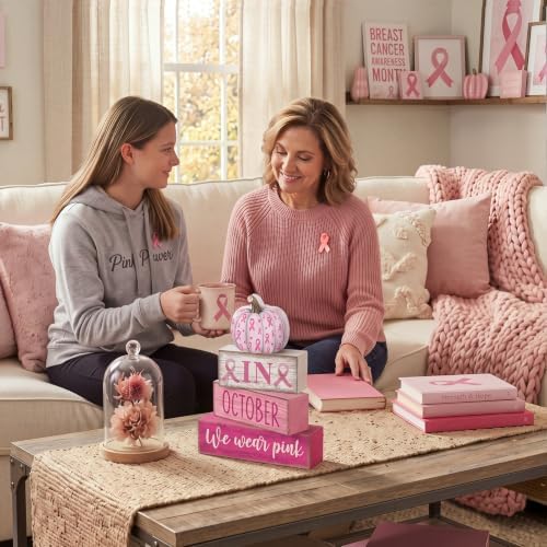 Lineshading 3 Pcs Breast Cancer Awareness Table Decor, Pink Ribbon Pumpkin