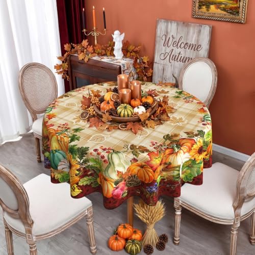 Fall Plaid Round Tablecloth 70 Inch, Stain Resistant Washable Fabric Autumn Harvest Pumpkin Table Cloth Round Fall Tablecloth Table Cover for Kitchen Dining Party