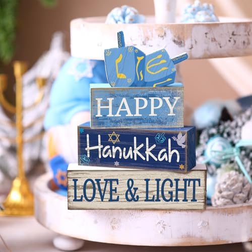 Lineshading 4 Pcs Wooden Hanukkah Decor Farmhouse Blocks with Dreidel
