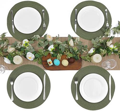 SHACOS Round Placemats Set of 12 Washable 15 inch Round Table Mats Cotton Polyester Woven Braided Place Mats for Dining Table Wedding Party Decor (Olive Green, 12)