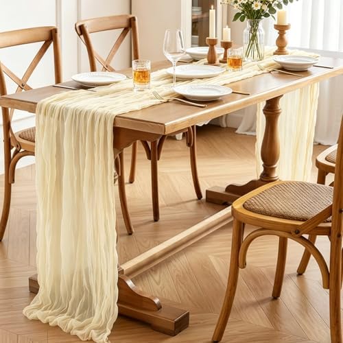 6Pcs Beige Table Runner, 10FT Rustic Cheesecloth Table Runner 35*120inch Boho Beige Runner for Wedding Bridal Shower Baby Shower Table Centerpiece Decorations