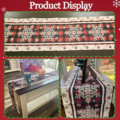 Niviy Snowflakes Christmas Table Runner with Buffalo Plaid, Winter Xmas Holiday Kitchen Dining Table Decoration for Indoor Outdoor Home Party Decor 13 x 90