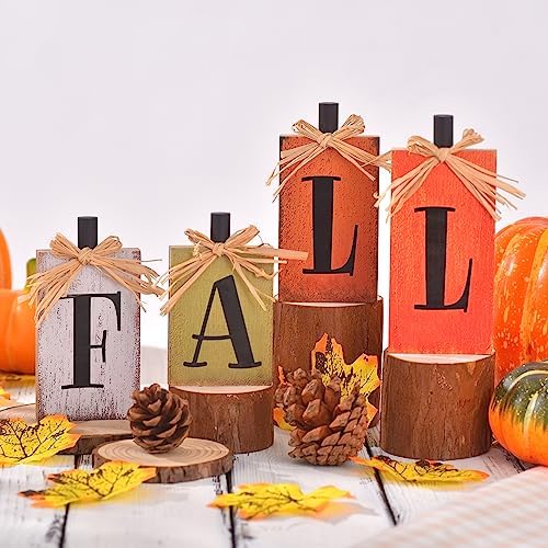 Ovootok Fall Decorations for Home, 4 Pcs Rustic Farmhouse Home Decor Signs, FALL Centerpieces for Tables, Autumn Decor Sign Block Set for Thanksgiving Party Harvest Kitchen Tiered Tray Mantel (4