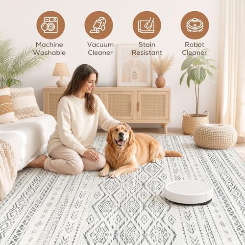 Nakagishi Area Rug Living Room Rugs: 9x12 Large Soft Machine Washable Boho Moroccan FarmNeutral Stain Resistant Indoor