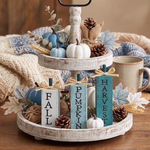 Redbaker 3 Pcs Blue Fall Pumpkin Decor, Wood Fall Decorations for Home