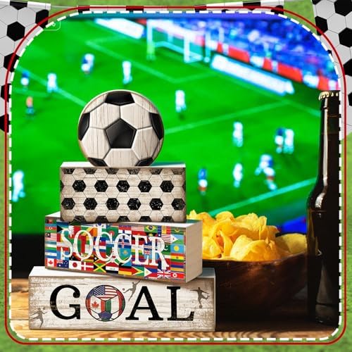 Moucuny 4 Pcs Soccer Centerpieces Table Wooden Block Signs Ball Topper