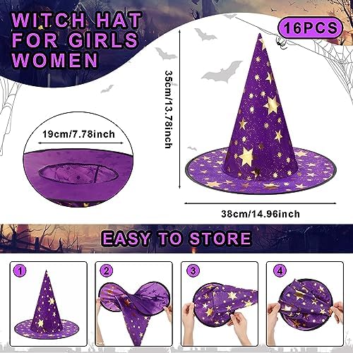 Newcotte 16 Pieces Witch Hats Halloween Costumes for Women Men Modern Witch Hats Fancy Dress Party Decorations