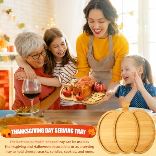 AWIZOM 2 Pcs Thanksgiving Bamboo Serving Platters with Grooves Wooden Pumpkin Trays Wood Cheese Charcuterie Boards Wooden Snack Dish Plate for Halloween Fall Autumn Harvest Supplies,12.6x11.42x0.59