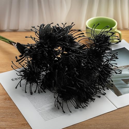 6PCS Black Artificial Fake Mums Halloween Faux Pincushion Flower