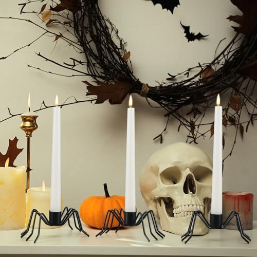 Mumufy 3 Pack Black Spider Taper Metal Candle Holders Halloween Candlestick Holders Spider Candle Stick Holder Fits 3/4 Inch Candles for Halloween Dining Table Home Spooky Party Decor