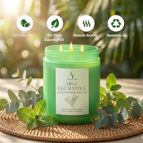 Mint Eucalyptus Large Scented Candle, 3-Wick 22oz Long Lasting Scented Candle, Natural Soy Wax Aromatherapy Candle for