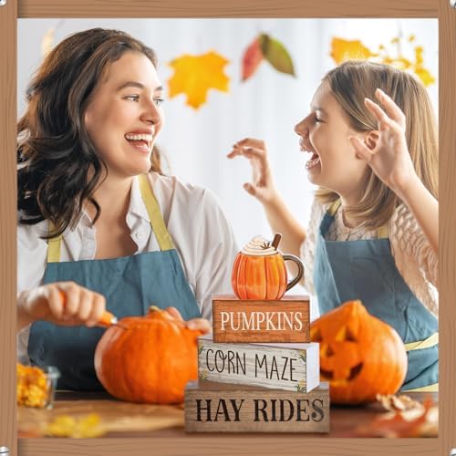 Lineshading 4 Pcs Fall Tiered Tray Decor, Wooden Pumpkin Farmhouse Signs