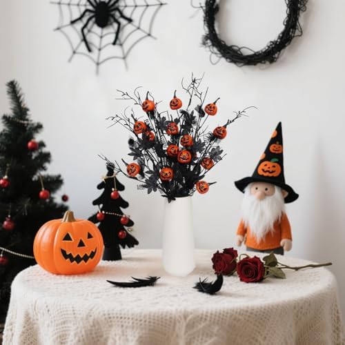 5PCS Halloween Decorations, Black Artificial Flowers, 21 Inch Artificial Pumpkin Maple Leaf Floral Stems Halloween Branches Decoration for Indoor Home Farmhouse Party Vase Arrangement Décor