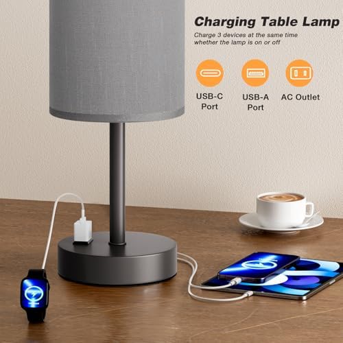 Fenmzee 17.4" Grey Lamp for Bedroom - Dimmable Touch, USB A+C, AC Outlet