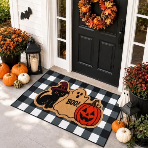 2 Pcs Halloween Welcome Door Mat-Black Cat Ghost Pumpkin Coir Door Mat Set