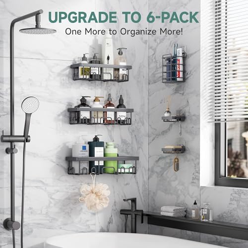 Veken Rustproof & Waterproof Shower Caddy 6-Pack, No Drilling Adhesive Shelves Rack with Soap Holder, Large Capacity