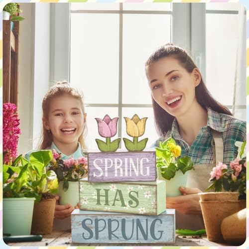 Moucuny 4 Pcs Spring Wooden Block Signs Farmhouse Tray Decor Tulips