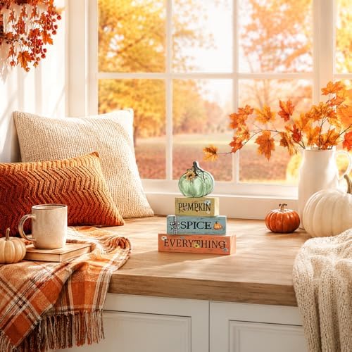 Smile Fall Wooden Decor Signs Teal Pumpkin Plaque PUMPKIN SPICE EVERYTHING Tiered Tray Tabletop Signs for Autumn Harvest Thanksgiving Home Decor