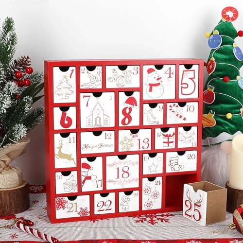 CCINEE Christmas Wooden Advent Calendar with 25 Large Drawers, Countdown to Christmas Decoration Large Size Xmas Countdown Calendar 2024 Hand Painted Refillable Advent for Holiday Decoration(Red)