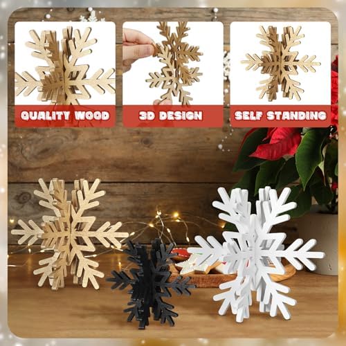 Bucherry 12 Pcs Wooden Snowflakes Table Decor,White, Gold, Black