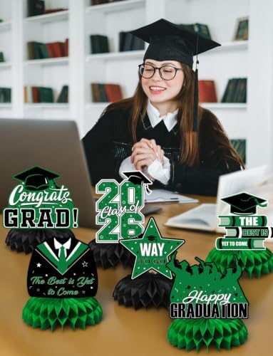 Graduation Table Decorations 2026,Green Graduation Centerpieces for Tables, 9Pcs Honeycomb Centerpieces, 3D Congrats Grad Table Toppers for Grad Party Decorations, Class of 2026 Decor