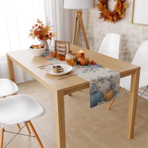 Fall Decor - Blue White Pumpkin Table Runner for Thanksgiving Decorations