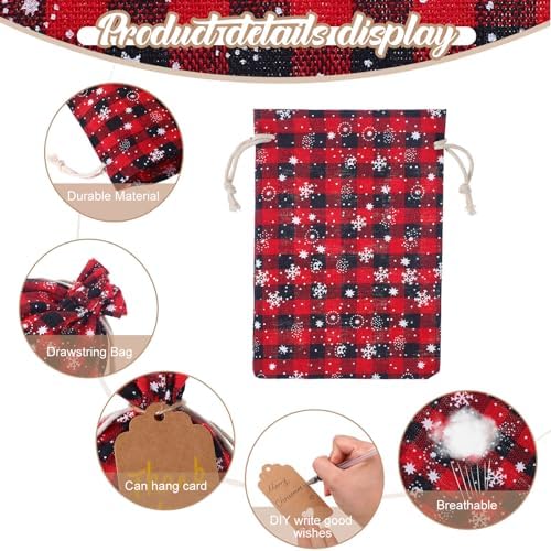 Shappy 24 Pcs Christmas Drawstring Gift Bags Xmas Buffalo Plaid Burlap Advent Bags 5.5 x 4 Inches Linen Treat Candy Bag with 32.8 ft Rope 24 Card(Black Red Snowflake)