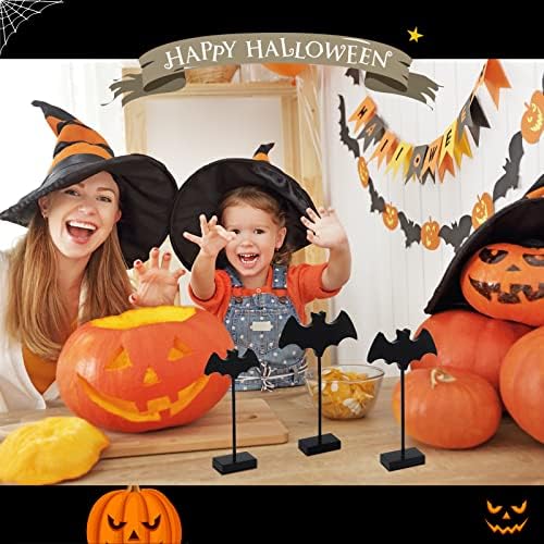 3 Pcs Halloween Table Decor Wood Bat Signs, Black