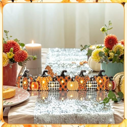Yousoontic Fall Pumpkin Decor, LED Lighted Fall Table Centerpieces, Retro Plaid Leopard Wooden Pumpkin Sign Decorations 3D Block Farmhouse Decor for Autumn Harvest Thanksgiving Home Mantel Party