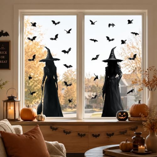 Halloween Decorations Window Clings Decor: 3pcs Large Realist Dark Witch Bats Silhouette Halloween Decals Cling Indoor, Scary Creepy Style School Home Office Party Supplies for Glass Windows