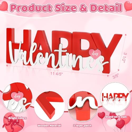 COCHIE Wooden Happy Valentine's Day Sign, Valentine Decorations for Home, Office, Shelf, Mantel, Indoor, Wood Heart Decor, Red Pink Table Top Party Decoration (Valentines)