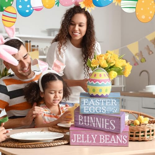 Lineshading 4 Pcs Easter Block Signs, Farmhouse Tiered Tray Decor Wooden