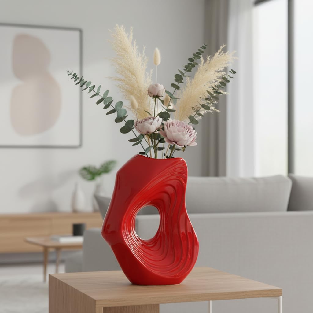 Ceramic Vase / Modern Decorative Vase for Flowers / Red / 11 Inch