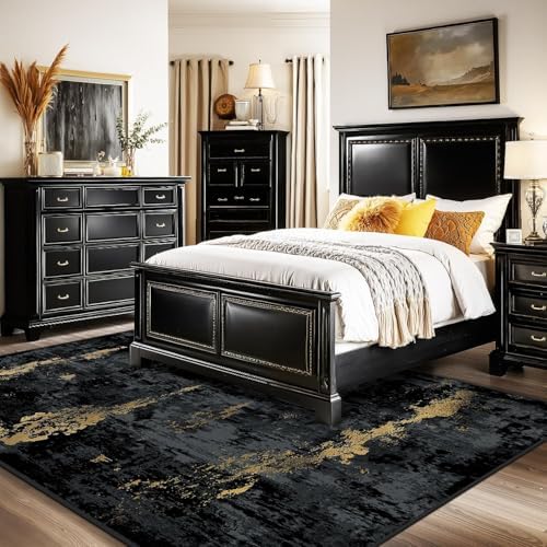 RELEANY Washable 7'x10' Abstract Area Rug for Living Room Black Gold