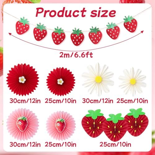 OBBOLO Strawberry Party Decorations, Strawberry and White Flower Paper Fans, with Strawberry Banner, for Berry First Birthday, Sweet 1st Birthday, Baby Shower, Strawberry Themed Birthday Hanging Decor